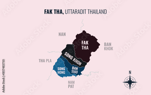 Map showing Fak Tha District Uttaradit Thailand divided into sub-districts with minimalist colorful patterns