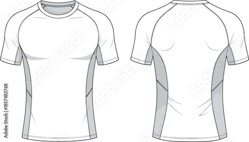 Mens athletic t shirt cad drawing, short sleeve raglan top front back view, performance clothing flat vector illustration design technical