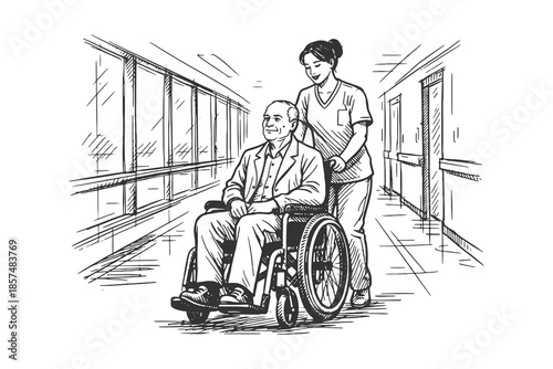 Healthcare assistance scene with elderly patient in wheelchair, black and white line art vector illustration showing compassion and support