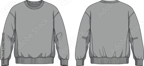 Crew neck sweatshirt cad drawing, long sleeve pullover front back view, casual clothing flat vector illustration for fashion design