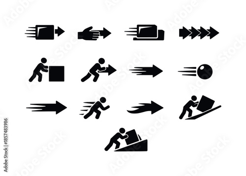 Push Movement Icons. Push movement. Solid icon set of Push movement: object moving forward, push motion arrows, sliding box, directional movement, applied push
