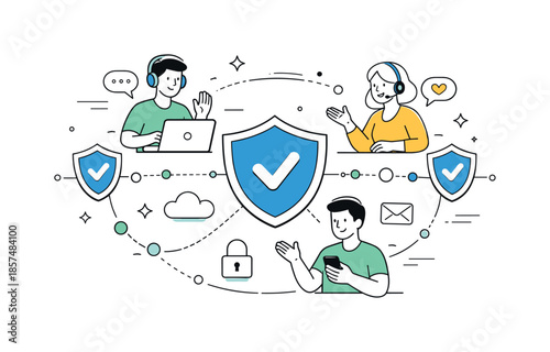 Secure Digital Interaction. Trusted digital environment. People interacting online within a protected space marked by shields and checkmarks, representing
