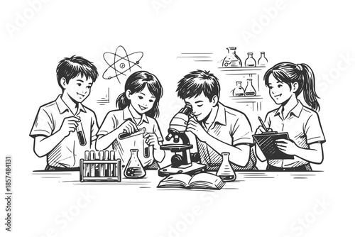 Black and white line art vector illustration of children doing science experiments together, educational teamwork concept in hand drawn sketch style