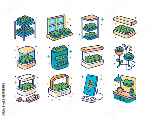 Indoor Microgreen Garden Setups. Indoor microgreen garden setups. Colorful isometric vector icons set of Indoor microgreen garden setups: multi tier metal