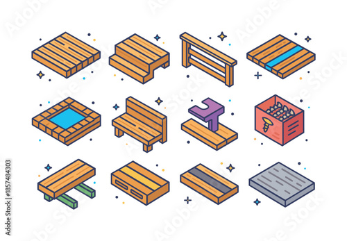 Colorful Decking Icons. Decking and outdoor planks. Colorful isometric vector icons set of decking and outdoor planks: backyard deck surface, deck step with