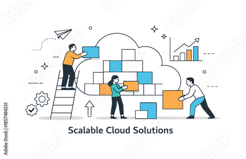 Cloud Growth Illustration. Scalable cloud solutions. Characters adding blocks to a growing cloud system, representing flexible capacity and business growth.