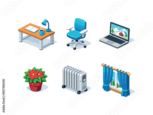 Winter Office Icons. Winter home office. Isometric flat vector icons set of Winter home office: work desk, office chair, laptop screen, table plant, radiator