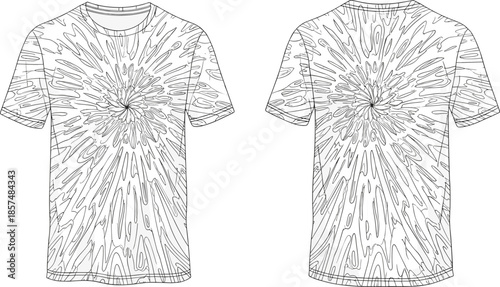 Tie dye t shirt cad drawing, abstract swirl pattern front back view, casual apparel clothing flat vector illustration fashion design
