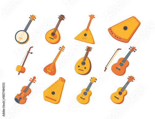 Folk String Instruments Icons. Folk string instruments. Colorful flat vector icons set of folk string instruments: banjo, mandolin, balalaika, gusli, erhu,