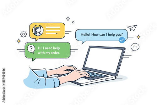 Live Chat Interaction. Live chat assistance. Person typing on a computer while chat bubbles appear on the screen, representing real-time customer