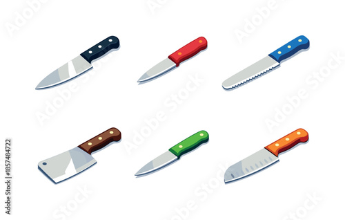 Knife Icon Grid. Knife types. Isometric flat vector icons set of knife types: chef?s knife, paring knife, serrated knife, cleaver, utility knife, santoku