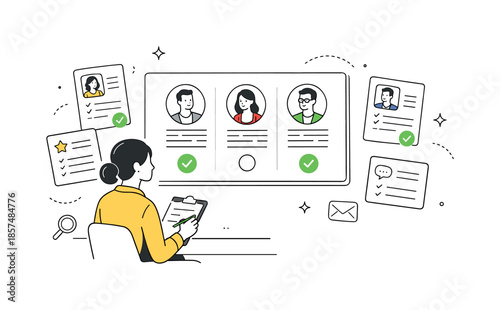 Recruitment Evaluation Process. Human resources management. A recruiter reviewing candidate profiles on a large screen with checkmarks and document cards