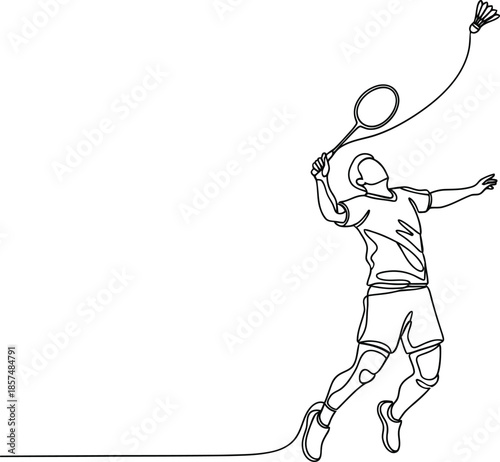 Badminton player jumping and hitting shuttlecock in continuous single line drawing, minimalist sports vector illustration