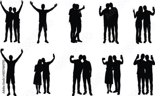 Couple silhouettes in various poses, black human shapes, relationship icons, social interaction, body language, graphic design, artistic representation, emotion