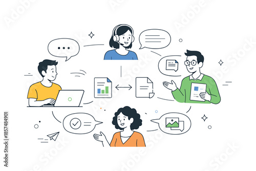 Collaborative Team Communication. Team communication flow. Team members exchanging messages and documents. Open collaboration and alignment, dialog bubbles and