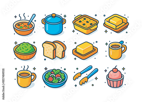Colorful Comfort Food Icons. Comfort food meal. Colorful isometric vector icons set of comfort food meal: soup bowl, stew pot, casserole pan, mashed