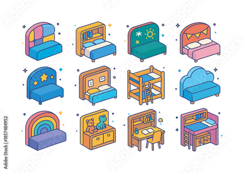 Colorful Headboards Icon Set. Kids and teen bedroom headboards. Colorful isometric vector icons set of Kids and teen bedroom headboards: colorful upholstered