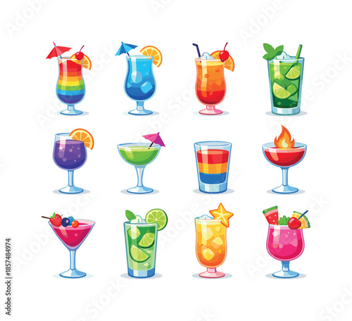 Colorful Cocktail Icons. Colorful Cocktails. Colorful flat vector icons set of Colorful Cocktails: rainbow cocktail, blue lagoon, sunrise mix, emerald mojito,