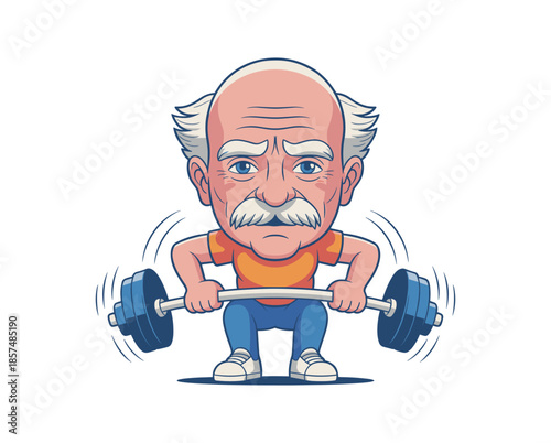 Cartoon elderly man with white hair and mustache lifting heavy barbell senior male.