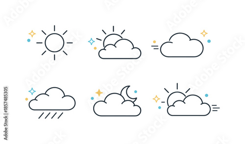 Minimal Sun and Clouds. Sun and cloud icons. A minimal set of sun and cloud symbols arranged neatly with light spacing. Clear weather meaning, calm and