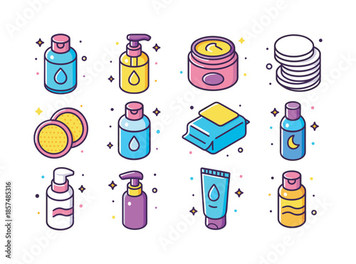 Colorful Makeup Remover Icons. Makeup remover. Colorful isometric vector icons set of makeup remover: micellar water bottle, cleansing oil, cleansing balm,