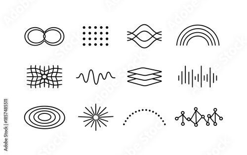 Abstract Sound Icons. Abstract shapes and colors representing sound. Line icon set of abstract shapes and colors representing sound: resonance loop pair,