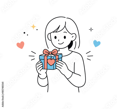 Valentine's Gift Moment. Valentine?s gift moment. A character holding a small gift box with a heart tag, showing thoughtful attention. Gentle celebratory