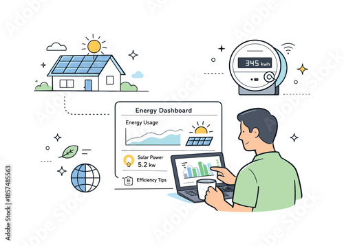 Smart Energy Dashboard. Smart energy management. A homeowner reviewing energy usage on a dashboard while solar panels and smart meters are gently highlighted.
