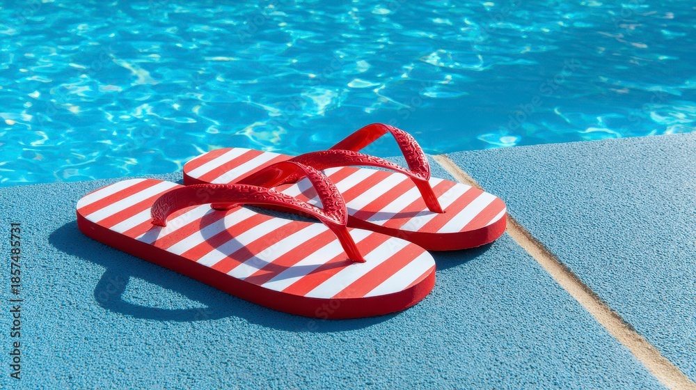 Naklejka premium Close-up of red and white striped flip-flops resting on the edge of a bright blue swimming pool on a sunny day