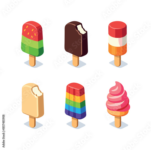 Popsicle Delight Icons. Popsicles and treats. Isometric flat vector icons set of Popsicles and treats: fruit popsicle, chocolate popsicle, layered ice pop,
