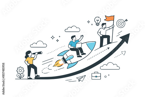 Startup Rocket Growth. Startup growth journey. A small rocket-shaped graph lifting upward with characters guiding it. Sense of momentum and ambition, soft