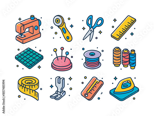 Colorful Sewing Tools Icons. Sewing tools. Colorful isometric vector icons set of sewing tools: sewing machine, rotary cutter, fabric scissors, ruler, cutting