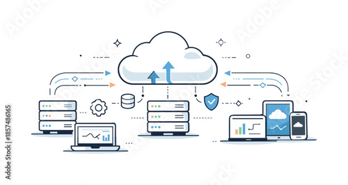 Smooth Cloud Network. Cloud computing infrastructure. A calm scene of servers connected to a large cloud icon, with data flowing smoothly between devices.