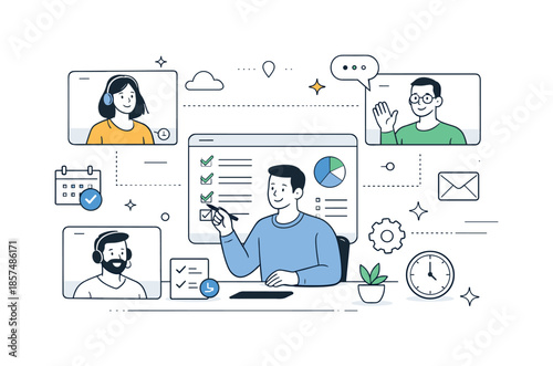 Organized Remote Coordination. Remote team management. Manager coordinating tasks with team members through video call windows. Calm organized leadership with