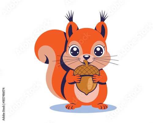 Cute cartoon orange squirrel holding a brown acorn with big eyes.