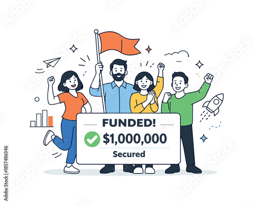 Startup Celebration Scene. Successful funding milestone. A startup team celebrating with a flag and secured funding card. Positive achievement, confidence, and