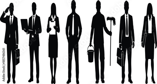 Professional occupation silhouettes, black career icons, diverse workforce roles, job representation, business attire, labor tools, graphic design, employment concept art