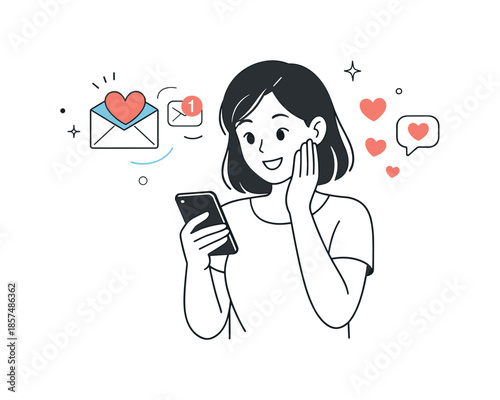 Romantic Email Surprise. Romantic email marketing. Character reading a message with heart icons and soft notification symbols, feeling pleasantly surprised.