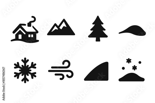 Black Icons, Snowy Cabin. Snowy cabin landscape. Filled icon set of Snowy cabin landscape: cabin silhouette,