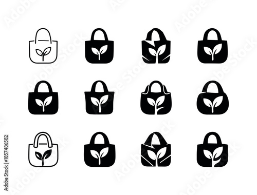 Plastic-Free Icons. plastic-free lifestyle. Icon set. Set Logo of plastic-free lifestyle: reusable bag. harmonious logo variations of the same emblematic