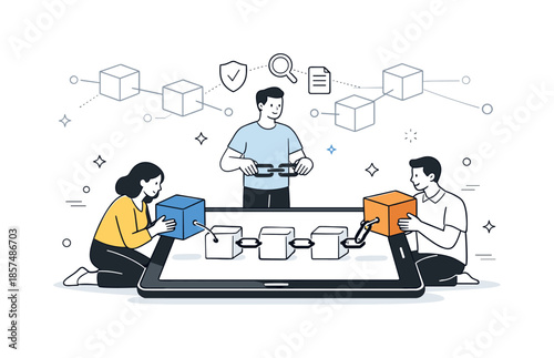 Blockchain Connection Illustration. Blockchain technology concept. People connecting blocks on a shared digital chain displayed on a tablet. Sense of