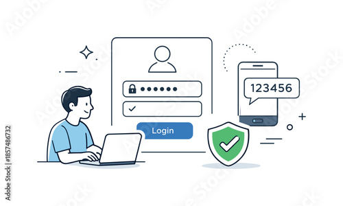 Secure Access Authentication. Secure authentication. User logging in with password and two-factor authentication icons, emphasizing safe access. Clean and