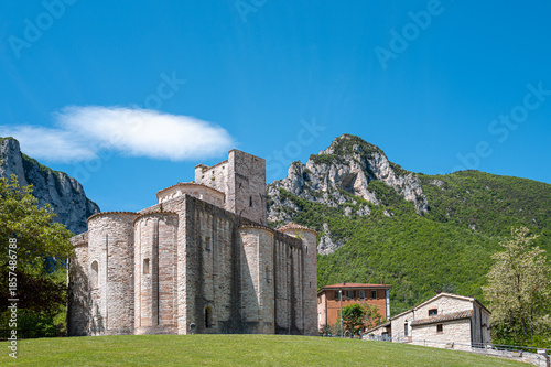 Abbey of San Vittore alle Chiuse near Grotte di Frasassi caves, Genga, Ancona, Marche, Italy, Europe.