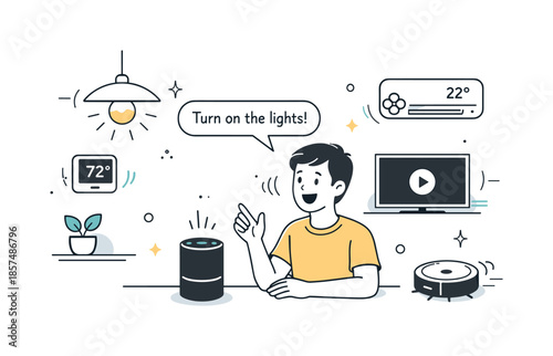 Smart Speaker Interaction. Voice assistant integration. A person speaking to a smart speaker while home devices respond with gentle motion lines. Friendly