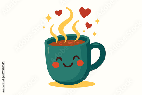 Cozy Cocoa Delight. Warm cocoa friend. A cute mug tilts slightly as steam forms glowing arcs; floating hearts