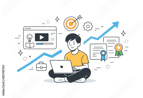 Online Skills Growth. Online skills development. Person gaining new skills through video tutorials and certificates appearing nearby, representing personal
