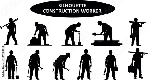 Black silhouette construction worker set with builders using tools shovels hammers and carrying equipment for industrial site development vector illustration