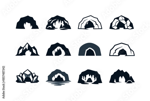 Cave Icons Collection. Caves and caverns. Icon set. Set Logo of Caves and caverns: cave map symbol. harmonious logo variations of the same emblematic concept,