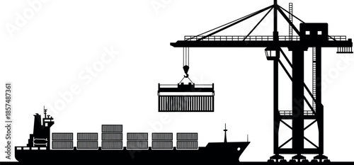 Black Silhouette Vector Illustration of a Cargo Ship and Port Crane Loading Intermodal Shipping Containers at a Commercial Industrial Pier