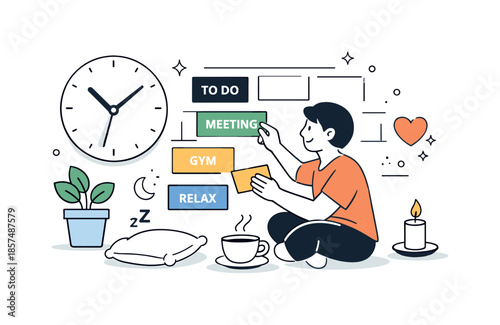 Organized Harmony. Time management and wellbeing. Character organizing schedule cards and a simple clock, with calm symbols of rest nearby. Sense of control,